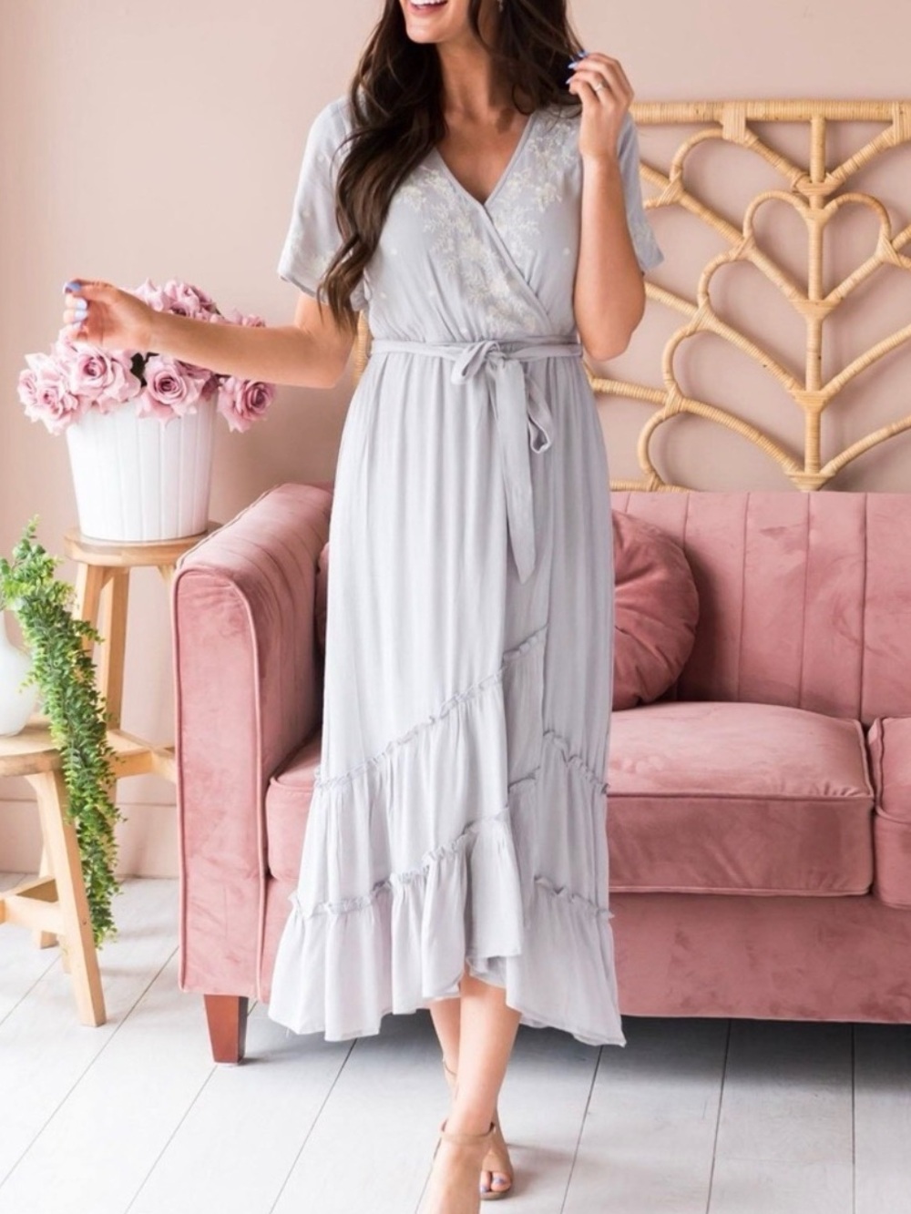 Baltic Born Macey grey elegant embroidered maxi dress size L